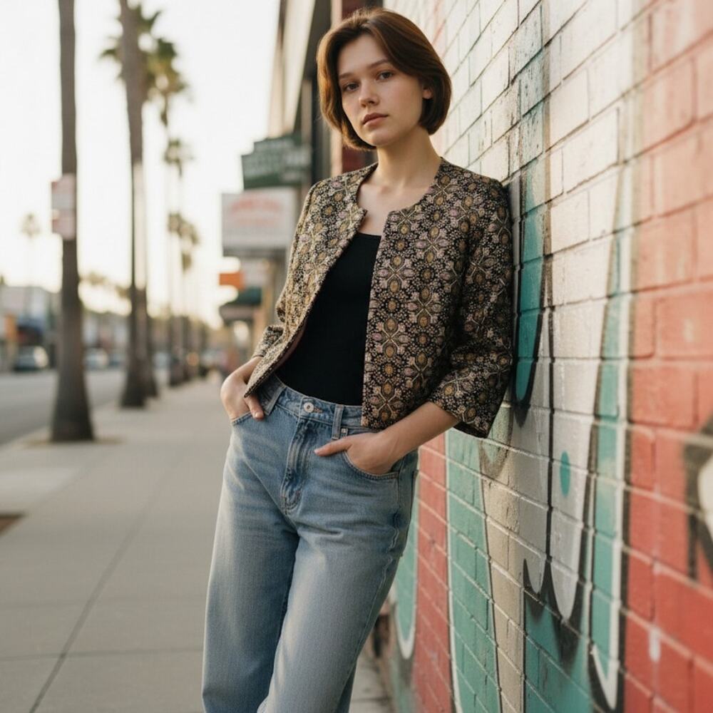 Arden B Blazer Womens L Gold Brocade Embroidered Crop Jacket Geometric Y2K